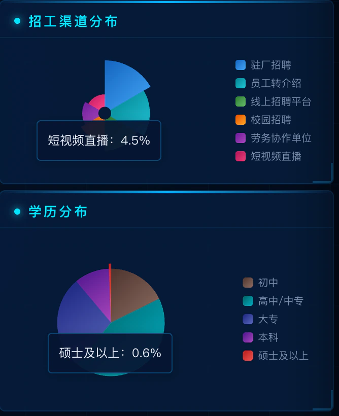 劳务云管理系统数据大屏的招聘渠道与学历分析区块